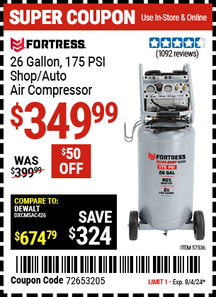 FORTRESS: 26 Gallon 175 PSI Ultra Quiet Vertical Shop/Auto Air Compressor