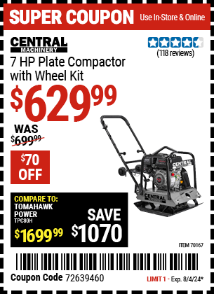 CENTRAL MACHINERY: 7 HP Plate Compactor with Wheel Kit