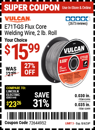 VULCAN: 0.030 in. E71T-GS Flux Core Welding Wire, 2 lb. Roll