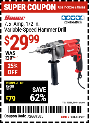 BAUER: 7.5 Amp 1/2 in. Variable-Speed Hammer Drill