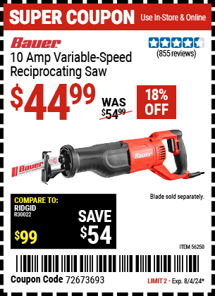 BAUER: 10 Amp Variable Speed Reciprocating Saw