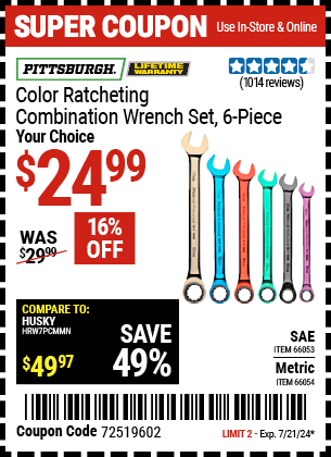 PITTSBURGH: Color Metric Ratcheting Combination Wrench Set, 6 Piece