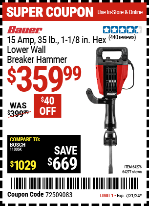 BAUER: 15 Amp 35 lb. 1-1/8 in. Hex Lower Wall Breaker Hammer