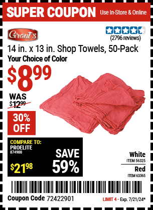 GRANT'S: Mechanics Shop Towels 14 in. x 13 in., 50-Pack