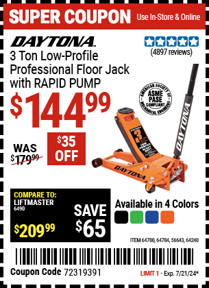 DAYTONA: 3 Ton Low-Profile Professional Floor Jack with RAPID PUMP, Green