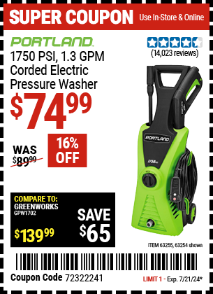 PORTLAND: 1750 PSI 1.3 GPM Corded Electric Pressure Washer