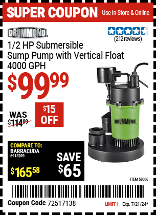 DRUMMOND: 1/2 HP Submersible Sump Pump with Vertical Float, 4000 GPH