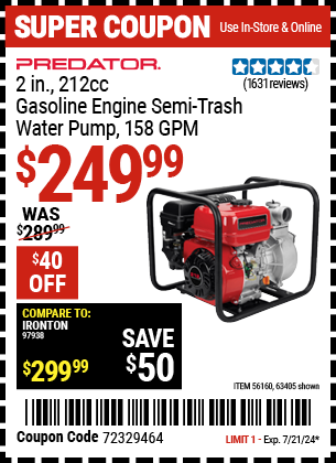 PREDATOR: 2 in. 212cc Gasoline Engine Semi-Trash Water Pump - 158 GPM