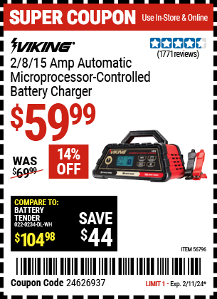 VIKING: 2/8/15 Amp Automatic Microprocessor Controlled Battery Charger - coupon