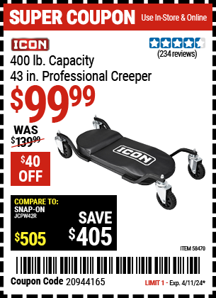 ICON: 400 lb. Capacity 43 in. Professional Creeper