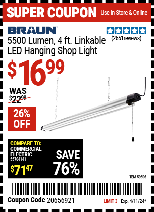 BRAUN: 5500 Lumen, 4 ft. Linkable LED Hanging Shop Light