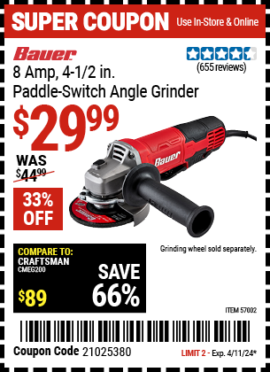 BAUER: 8 Amp 4-1/2 in. Paddle Switch Angle Grinder