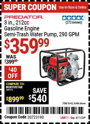 PREDATOR: 3 in. 212cc Gasoline Engine Semi-Trash Water Pump - 290 GPM