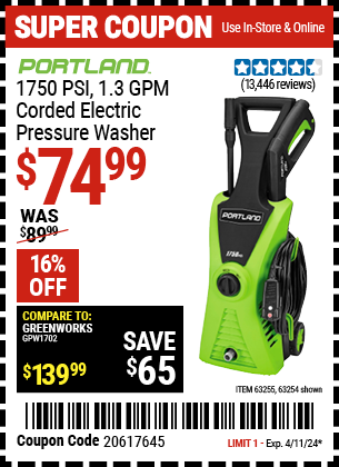 PORTLAND: 1750 PSI 1.3 GPM Corded Electric Pressure Washer