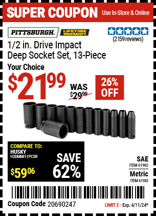 PITTSBURGH: 1/2 in. Drive Metric Impact Deep Socket Set, 13-Piece