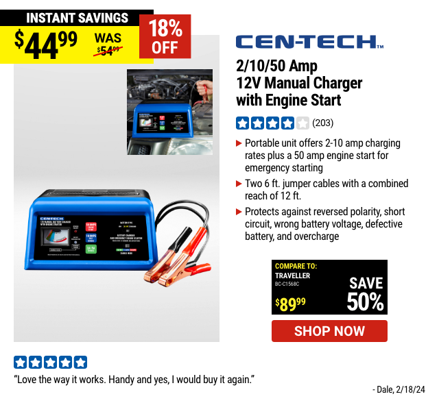 CEN-TECH: 2/10/50 Amp, 12V Manual Charger with Engine Start