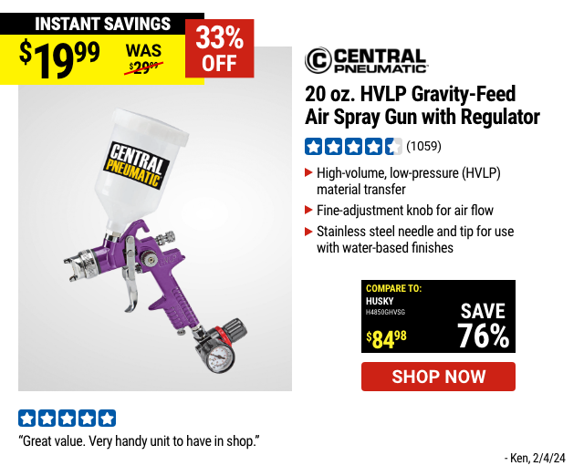 CENTRAL PNEUMATIC: 20 oz. HVLP Gravity Feed Air Spray Gun with Regulator