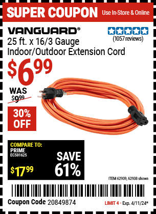 VANGUARD: 25 ft. x 16/3 Gauge Indoor/Outdoor Extension Cord, Orange