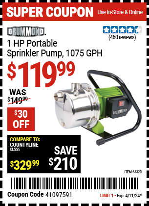 DRUMMOND: 1 HP Portable Sprinkler Pump 1075 GPH