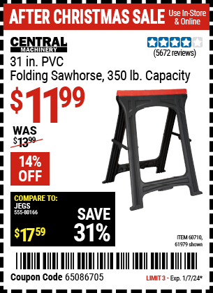 CENTRAL MACHINERY: 31 in. PVC Folding Sawhorse, 350 lb. Capacity