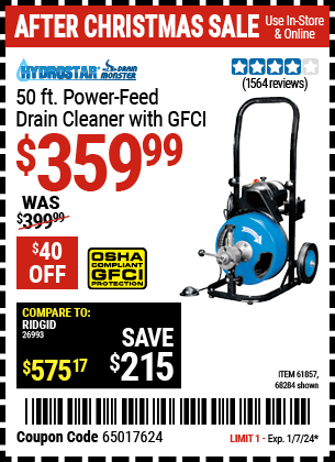 HYDROSTAR DRAINMONSTER: 50 ft. Power-Feed Drain Cleaner with GFCI