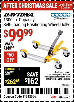 DAYTONA: 1300 lb. Capacity Self-Loading Positioning Wheel Dolly