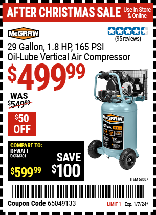 MCGRAW: 29 gallon, 1.8 HP, 165 PSI Oil-Lube Vertical Air Compressor