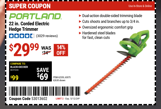 PORTLAND: 22 in. Corded Electric Hedge Trimmer - Coupon