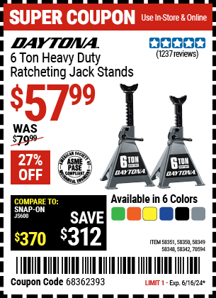 DAYTONA: 6 Ton Heavy Duty Ratcheting Jack Stands, Black