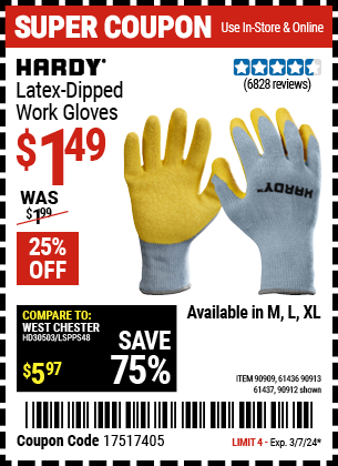 HARDY: Latex-Dipped Work Gloves, Large