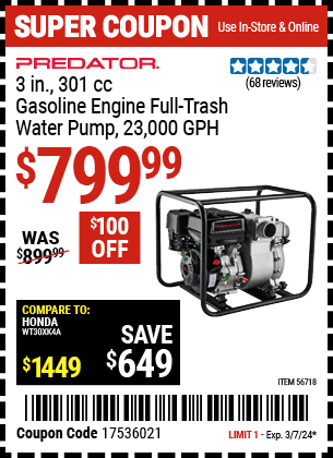 PREDATOR: 3 in. 301cc Gasoline Engine Full-Trash Water Pump - 23,000 GPH