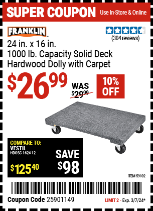 FRANKLIN: 24 in. x 16 in. 1000 lb. Capacity Solid Deck Hardwood Dolly with Carpet