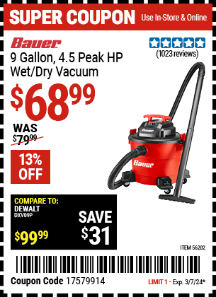 BAUER: 9 Gallon 4.5 Peak Horsepower Wet/Dry Vacuum