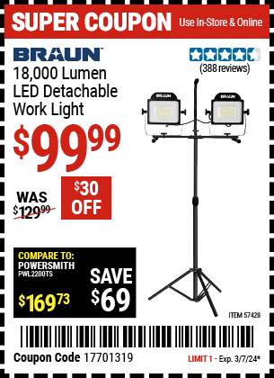 BRAUN: 18,000 Lumen LED Detachable Work Light