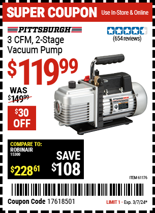 PITTSBURGH AUTOMOTIVE: 3 CFM Two Stage Vacuum Pump