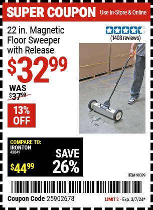 HFT: 22 In. Magnetic Floor Sweeper with Release