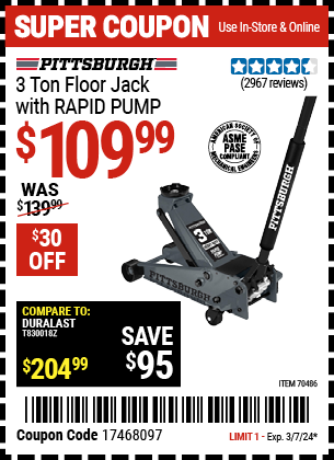 PITTSBURGH: 3 Ton Floor Jack with RAPID PUMP, Slate Gray