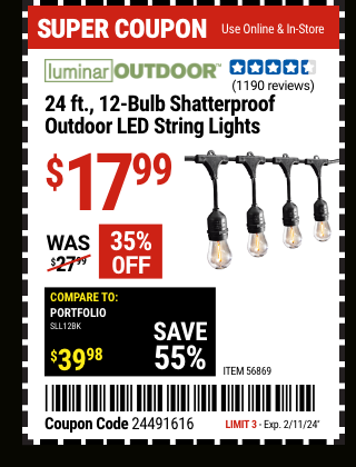 LUMINAR OUTDOOR: 24 ft., 12-Bulb Shatterproof Outdoor LED String Lights, Black - coupon