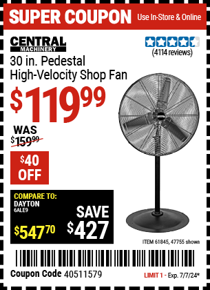 CENTRAL MACHINERY: 30 in. Pedestal High Velocity Shop Fan