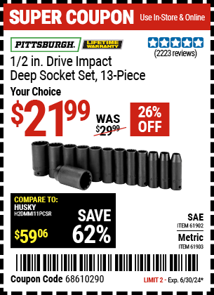 PITTSBURGH: 1/2 in. Drive SAE Impact Deep Socket Set, 13-Piece