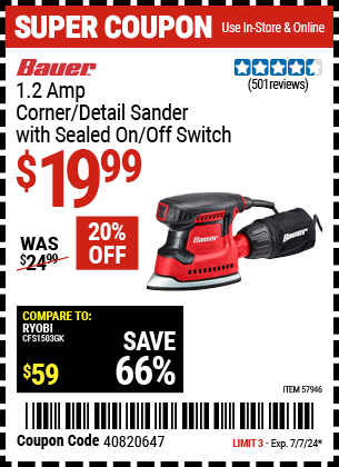 BAUER: 1.2 Amp Corner/Detail Sander with Sealed On/Off Switch