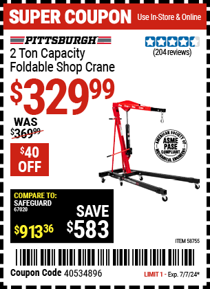 PITTSBURGH: 2 Ton-Capacity Foldable Shop Crane