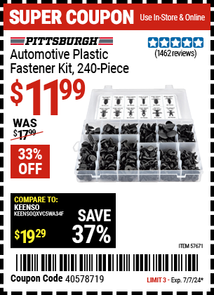 PITTSBURGH: Automotive Plastic Fastener Kit, 240 Piece