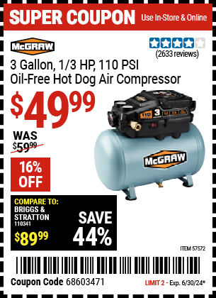 MCGRAW: 3 Gallon 1/3 HP 110 PSI Oil-Free Hot Dog Air Compressor