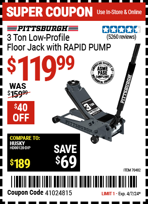 PITTSBURGH: 3 Ton Low-Profile Floor Jack with RAPID PUMP, Slate Gray