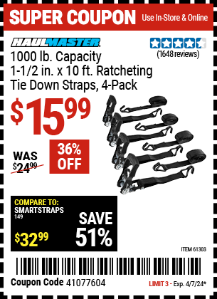 HAUL-MASTER: 1000 lb. Capacity 1-1/2 in. x 10 ft. Ratcheting Tie Down Straps, 4 Pack