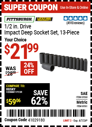 PITTSBURGH: 1/2 in. Drive SAE Impact Deep Socket Set, 13 Piece