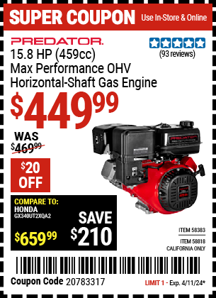 PREDATOR: 15.8 HP (459cc) Max Performance OHV Horizontal-Shaft Gas Engine, EPA