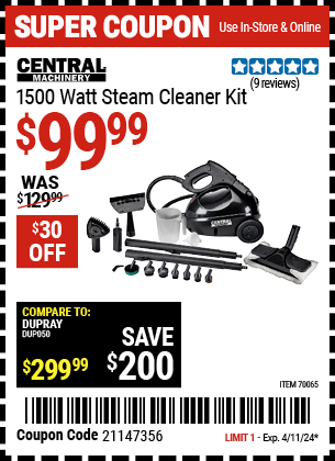 CENTRAL MACHINERY: 1500 Watt Steam Cleaner Kit