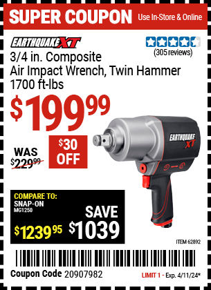 EARTHQUAKE XT: 3/4 in. Composite Air Impact Wrench, Twin Hammer, 1700 ft. lbs.